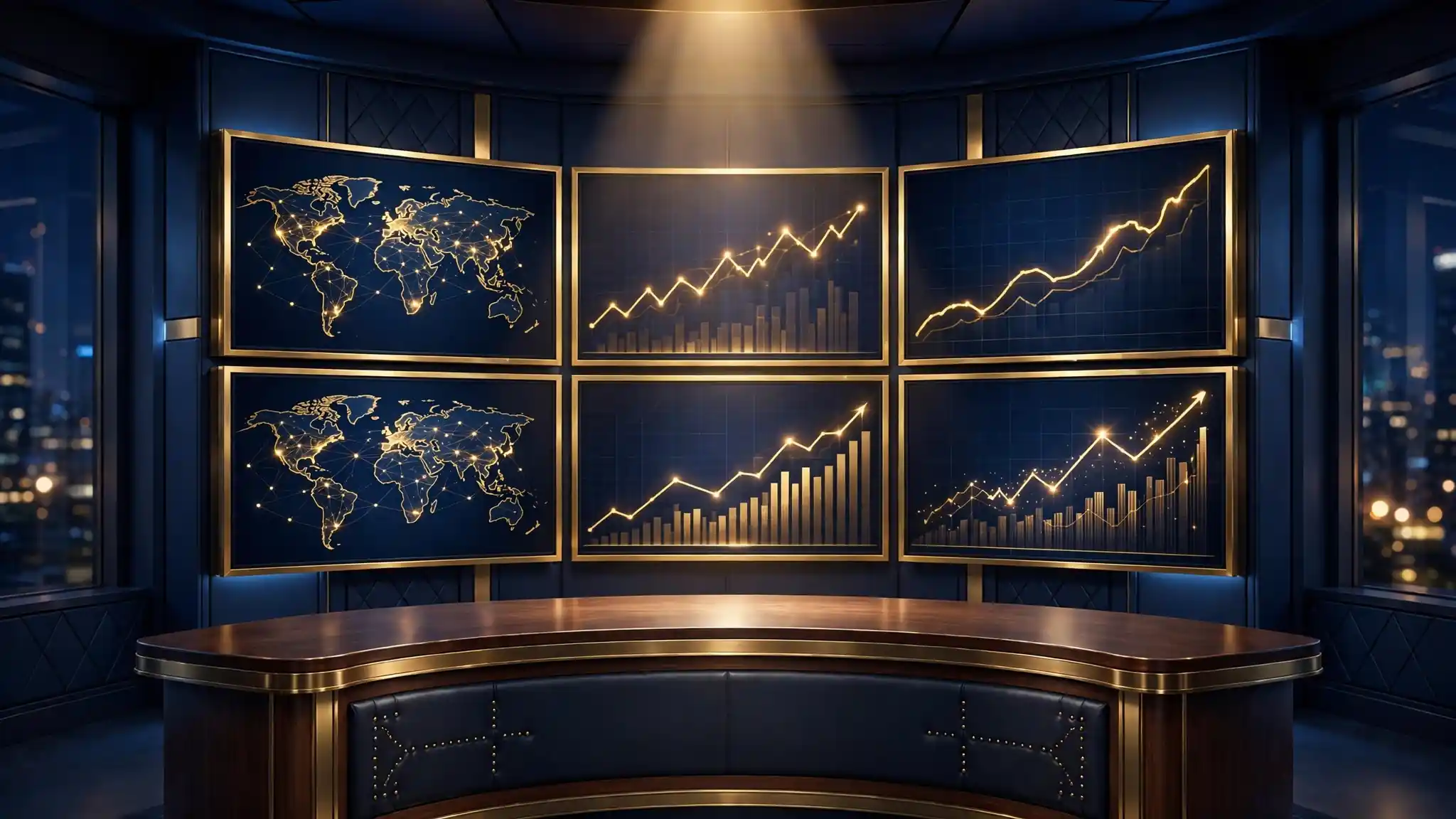 Illustrated cable news anchor desk at night with glowing gold world-map and chart screens