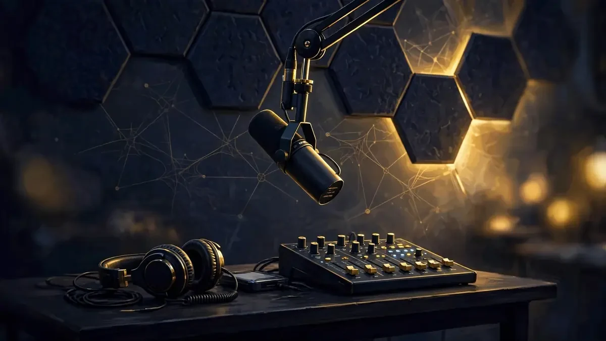Illustration of a podcast studio with broadcast microphone, acoustic panels and warm gold lighting — the Huberman Lab recording setup