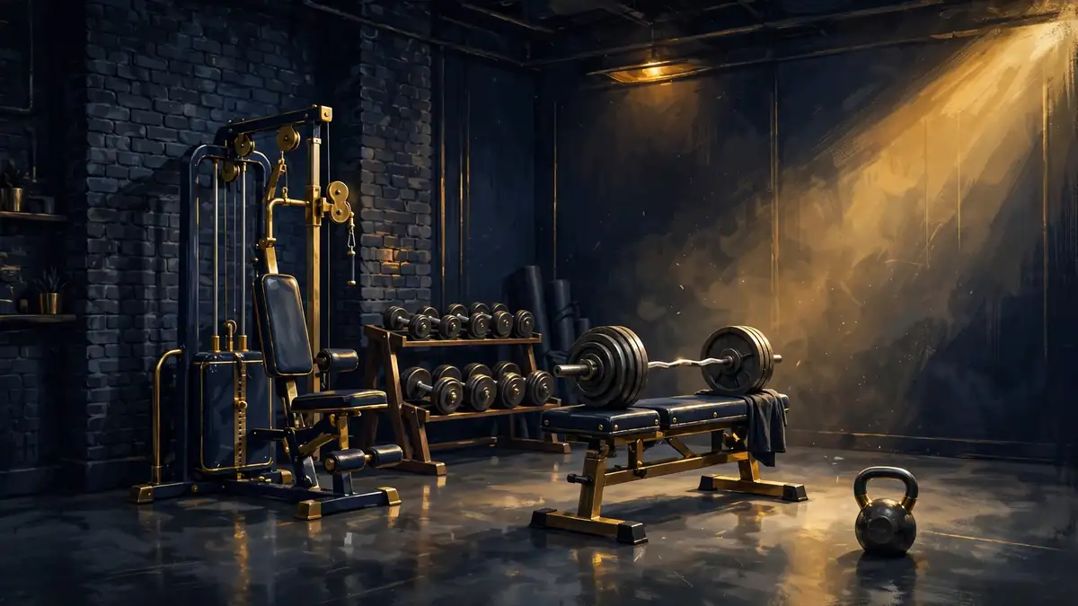 Illustration of a home gym with vintage weight machines, dumbbell rack and barbell — Andrew Huberman's Venice training setup