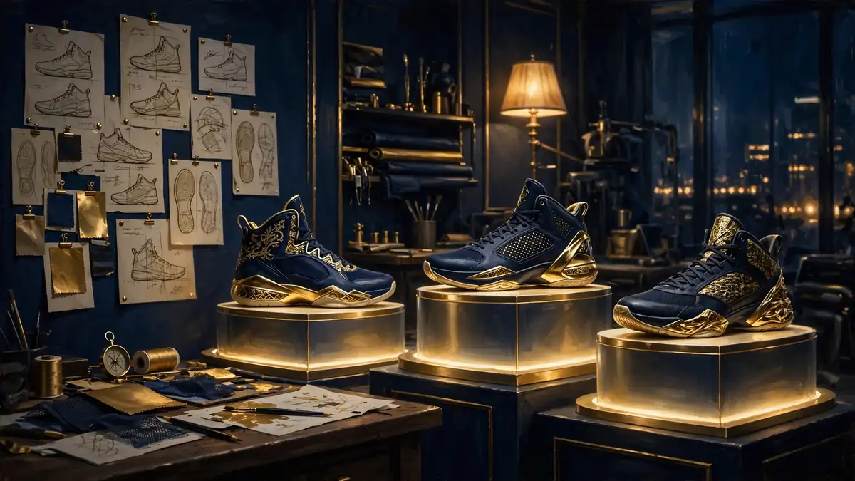 Illustrated sneaker design studio with Anthony Edwards signature basketball shoes on glowing pedestals