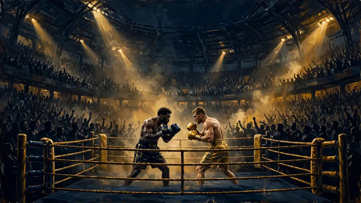 Illustrated stadium arena at night with two heavyweight boxers facing off under spotlights