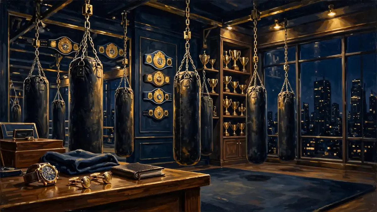 Illustrated luxury boxing gym at night with championship belts, trophies and gold accents