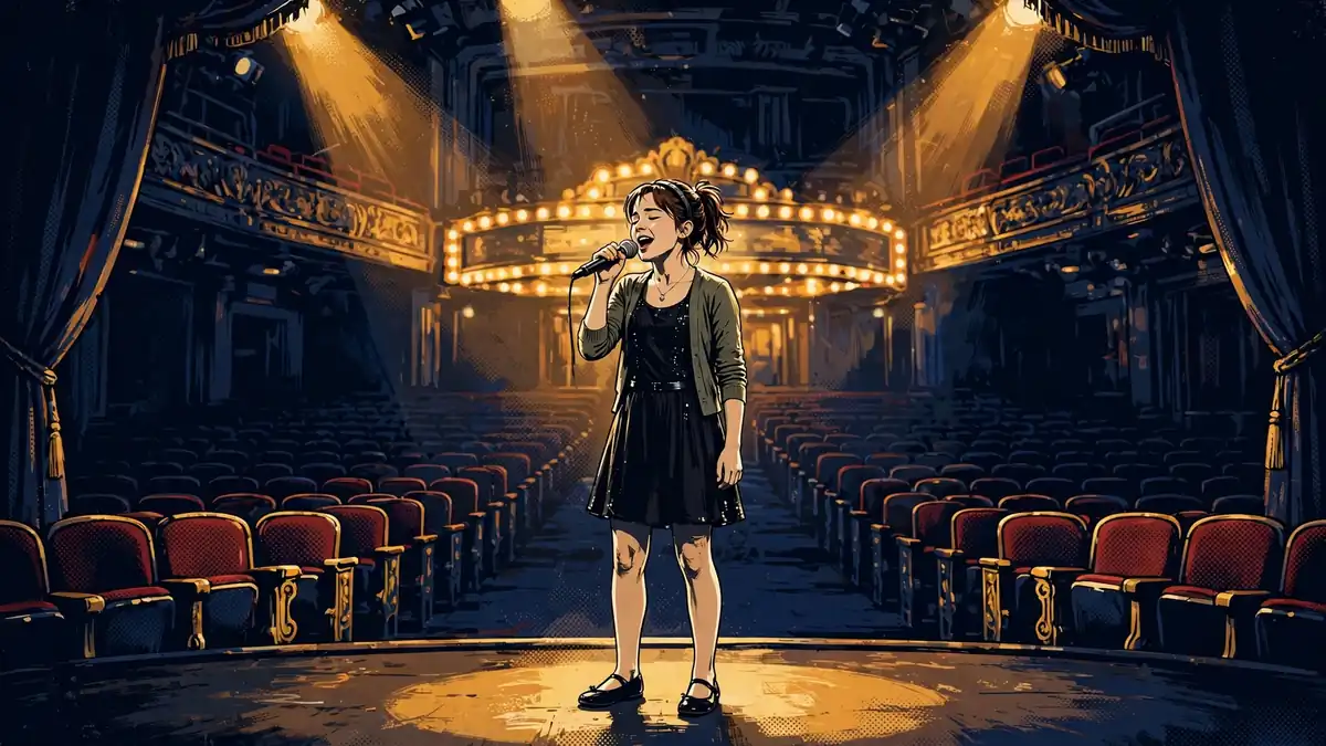 Illustration of a teenage singer performing on a golden-lit Broadway theater stage before rows of seats