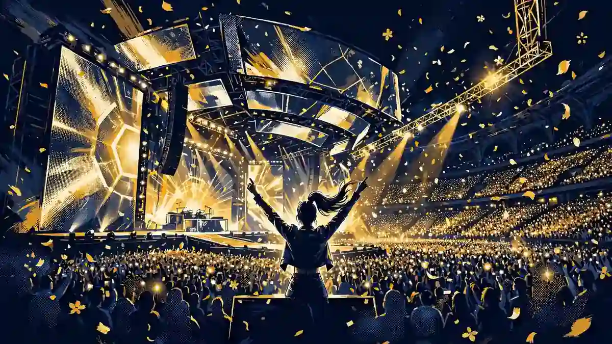 Illustration of a pop star with a high ponytail on a huge 2026 arena concert stage before a sea of golden lights