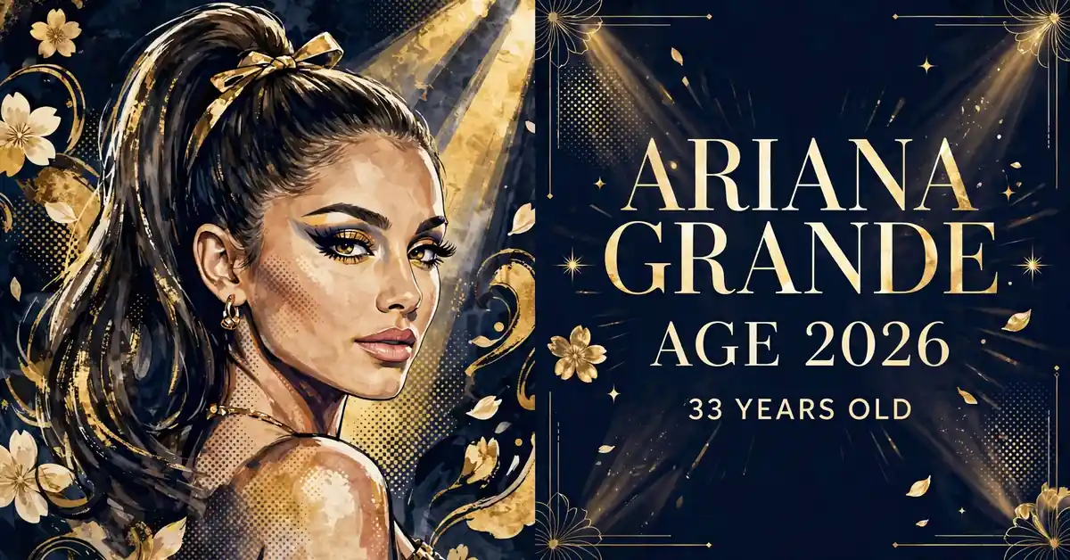 Ariana Grande age 2026 — 33 years old, illustrated portrait infographic