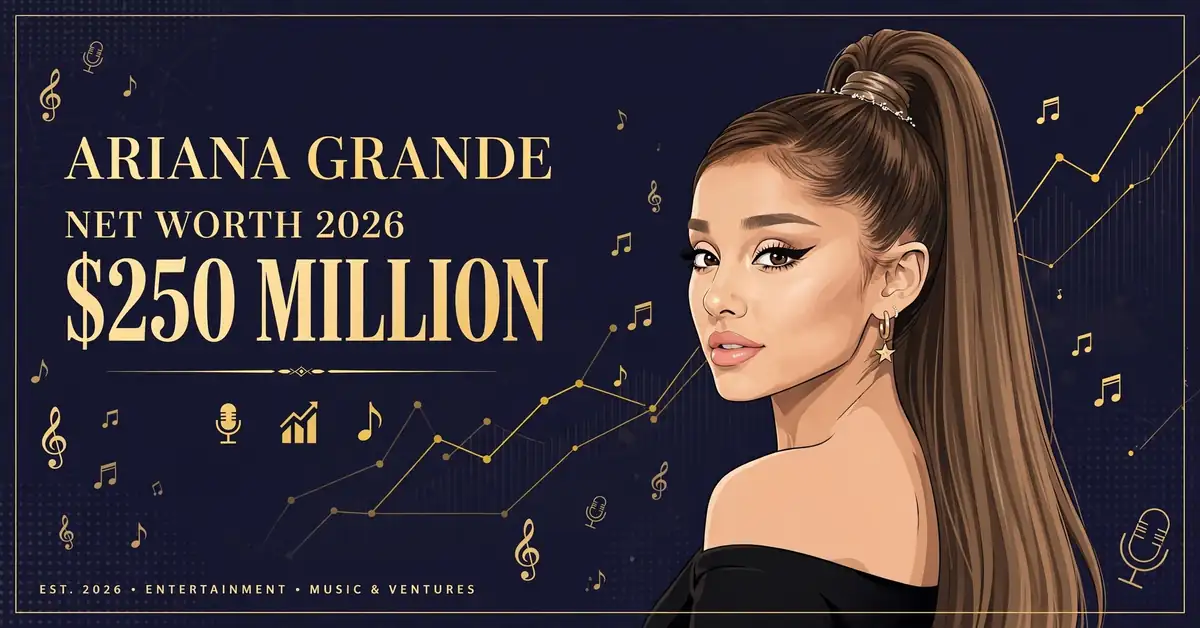 Ariana Grande net worth 2026 — estimated $240 to $280 million fortune infographic