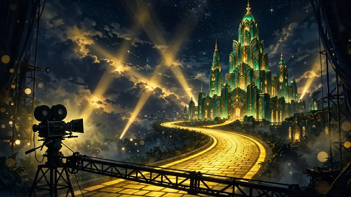 Illustrated emerald film city glowing under golden spotlights at night