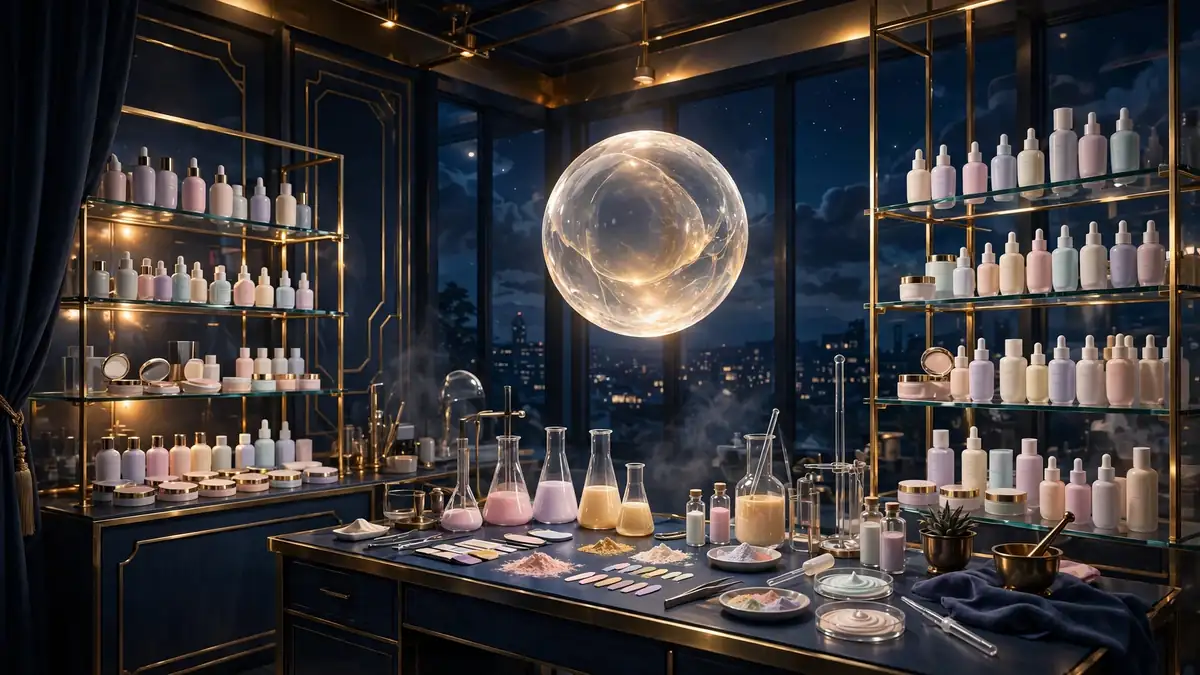 Luxury cosmetics laboratory with glowing cosmetic shelves at night