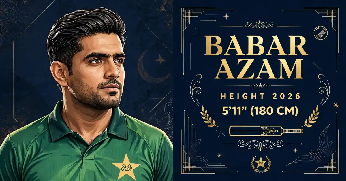Babar Azam height 2026 infographic — 5 ft 11 in (180 cm) illustrated portrait