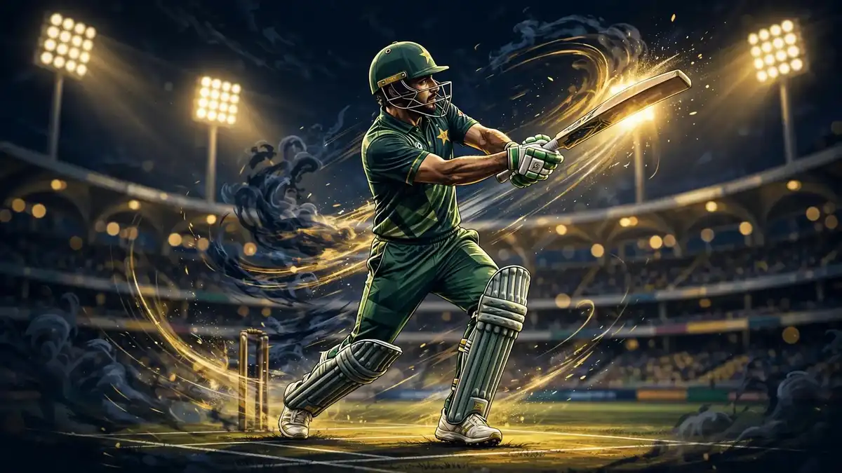 Illustration of a Pakistan batsman playing a cover drive under floodlights at Gaddafi Stadium