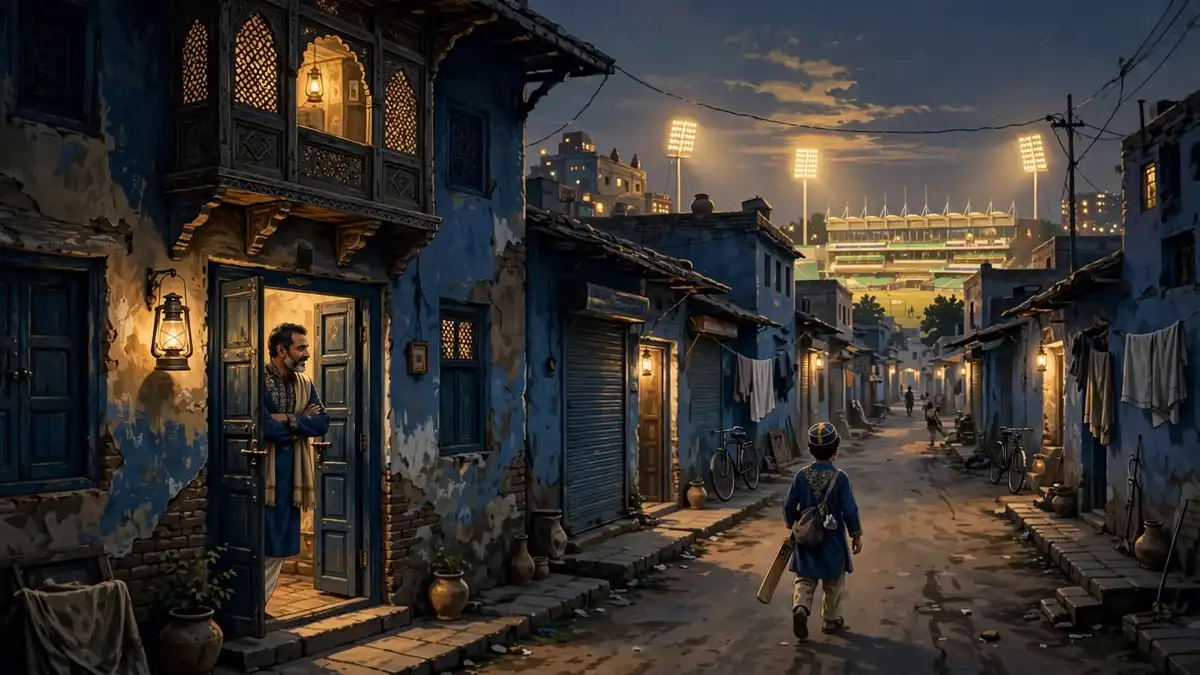 Illustration of a young boy with a cricket bat leaving his family home in old Lahore at dusk, stadium lights ahead