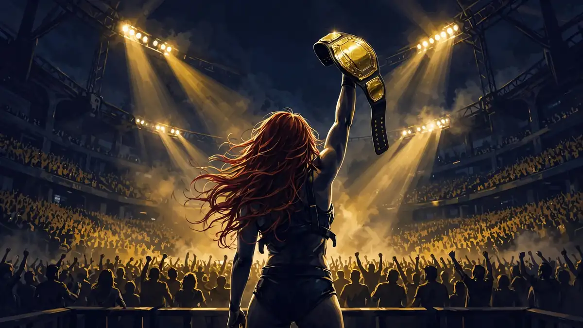 Wrestling arena at night with a championship belt raised under spotlights, illustrating Becky Lynch's 2026 title run earnings