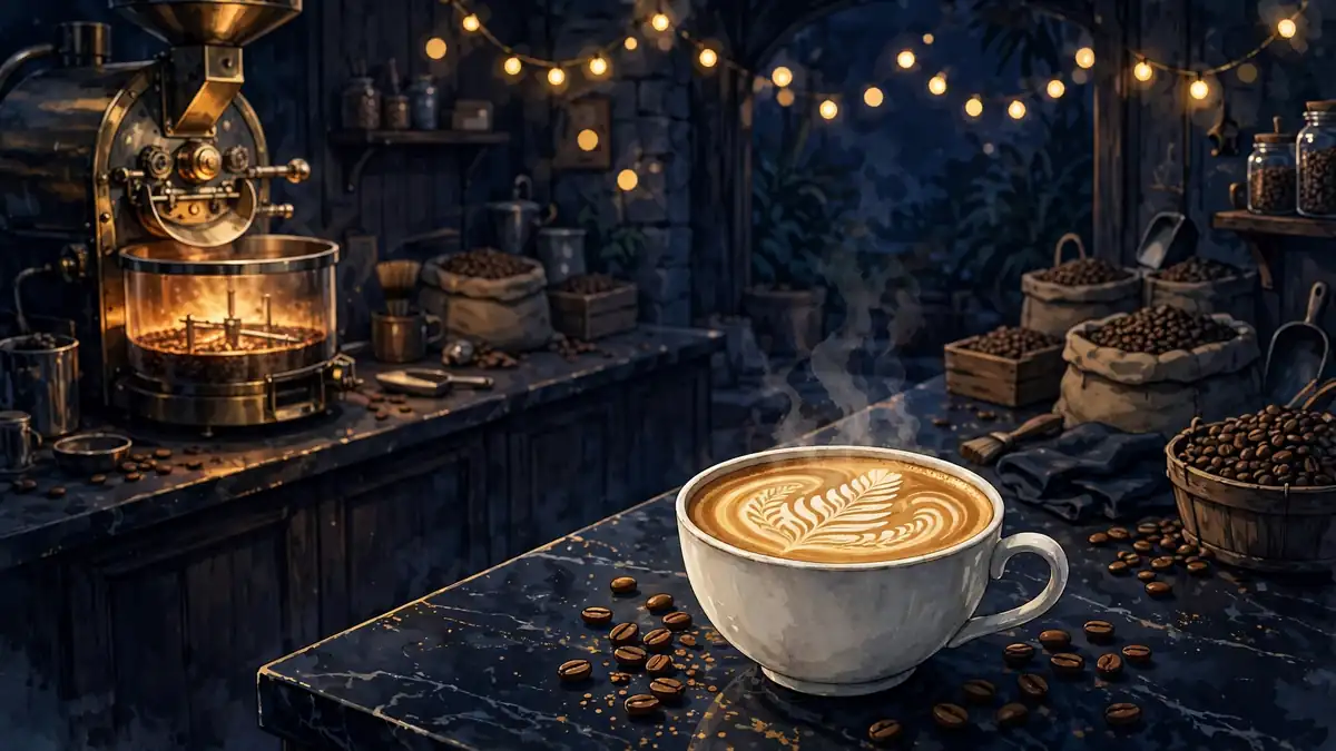 Artisan coffee roastery at night with a golden latte, illustrating Becky Lynch and Seth Rollins' AMO Coffee business launched in March 2026