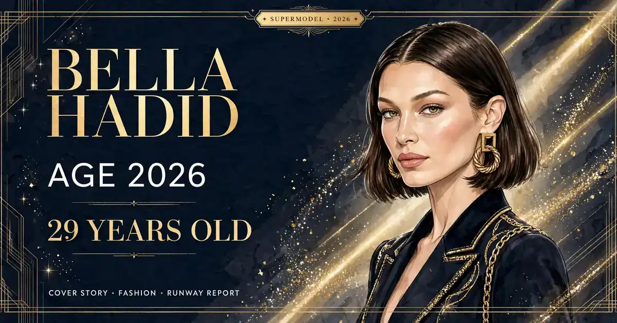 Bella Hadid age 2026 — the supermodel at 29, illustrated portrait infographic