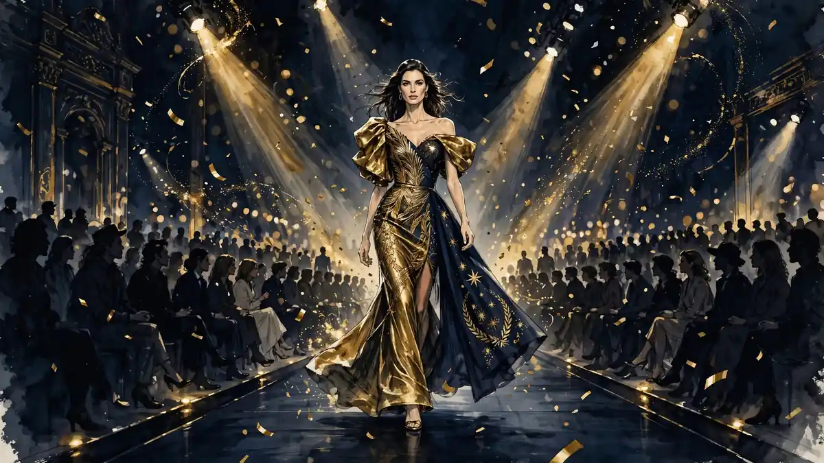 Illustrated scene of a supermodel walking a Milan fashion week runway under golden spotlights