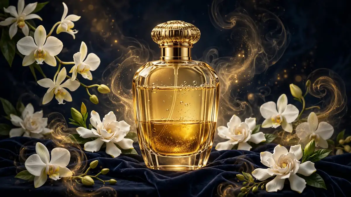 Illustrated golden perfume bottle with gardenia flowers on dark navy velvet, evoking Orebella's fragrance line