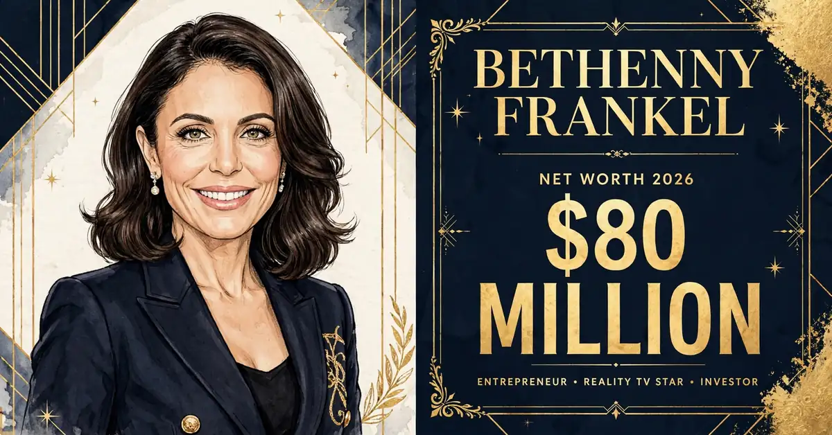 Bethenny Frankel net worth 2026 — stylized illustrated portrait of the Skinnygirl founder with BETHENNY FRANKEL NET WORTH 2026 $80 MILLION text