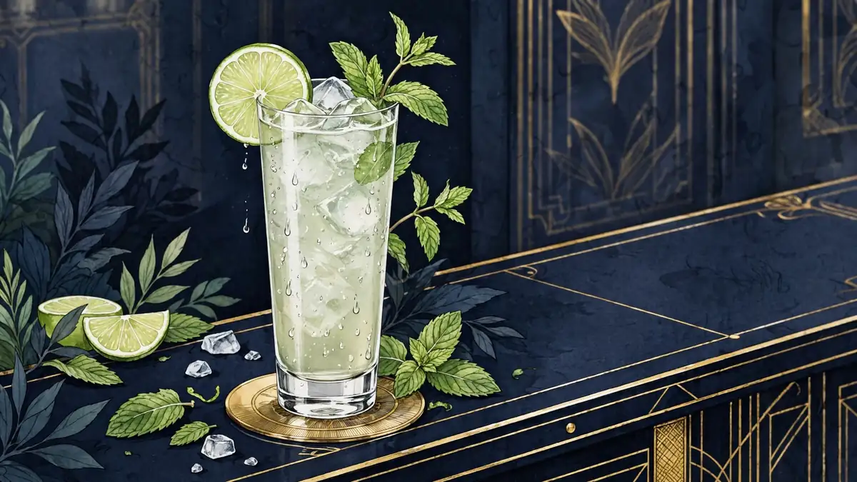 Illustrated low-calorie margarita cocktail with lime and mint on a dark navy bar counter with gold accents