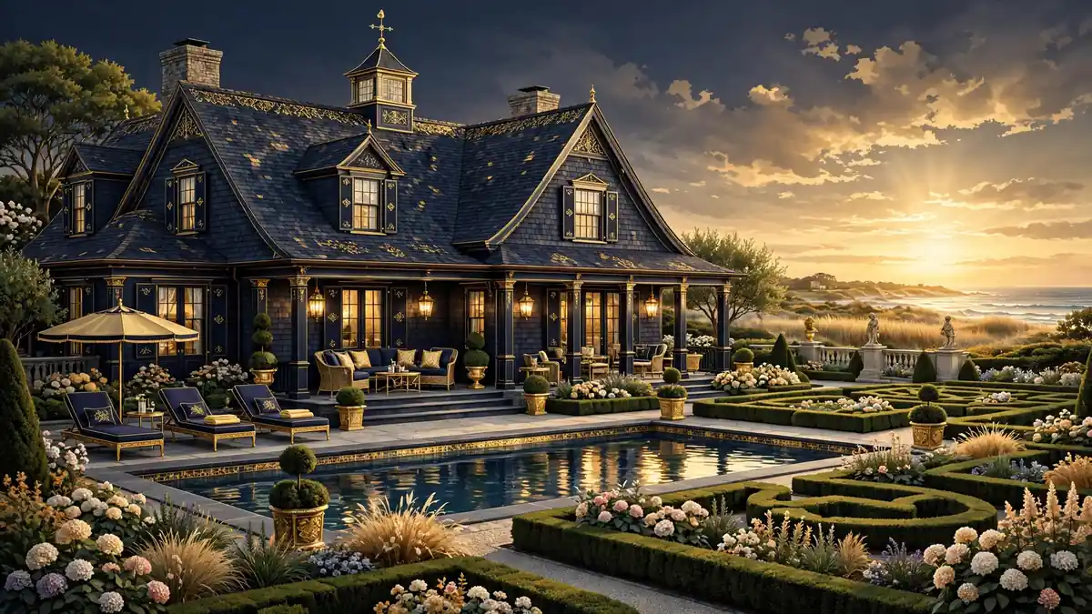 Illustrated shingled Hamptons luxury house with pool and gardens at golden hour