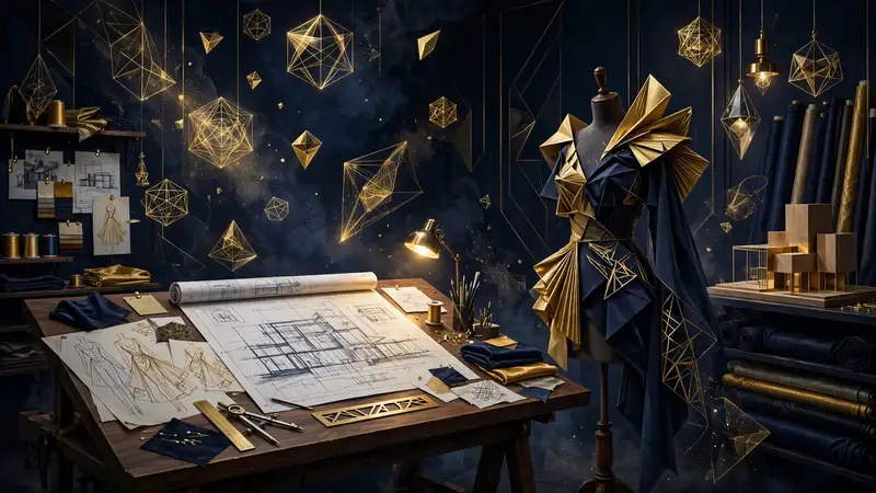 Illustrated architect's drafting desk with blueprints beside a fashion mannequin wearing a sculptural gold and navy garment, representing Bianca Censori's path from architecture to fashion design