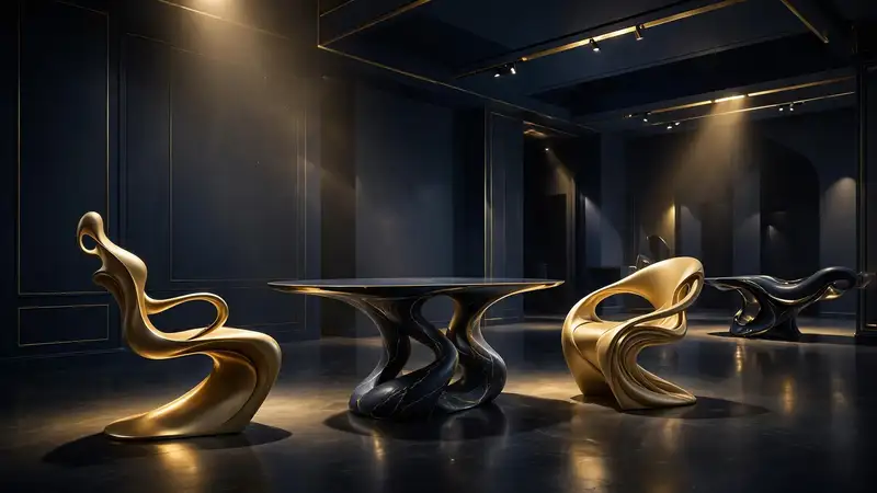 Illustrated gallery interior with sculptural biomorphic furniture in gold and black resembling contorted human bodies, representing Bianca Censori's BIO POP art exhibition