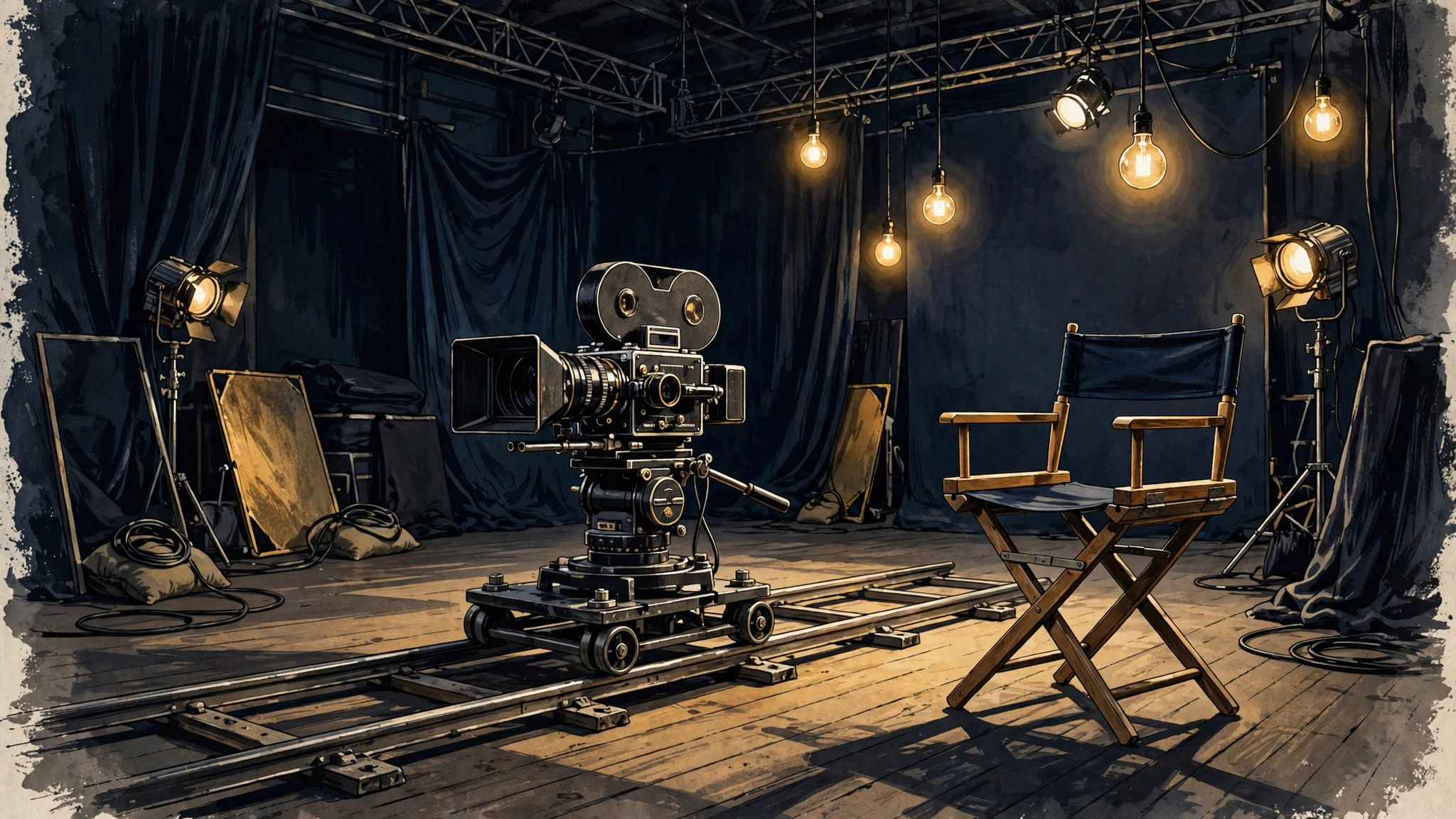 Illustrated independent film set in navy and gold, camera and director's chair under warm lights, evoking Bijou Phillips' indie acting career
