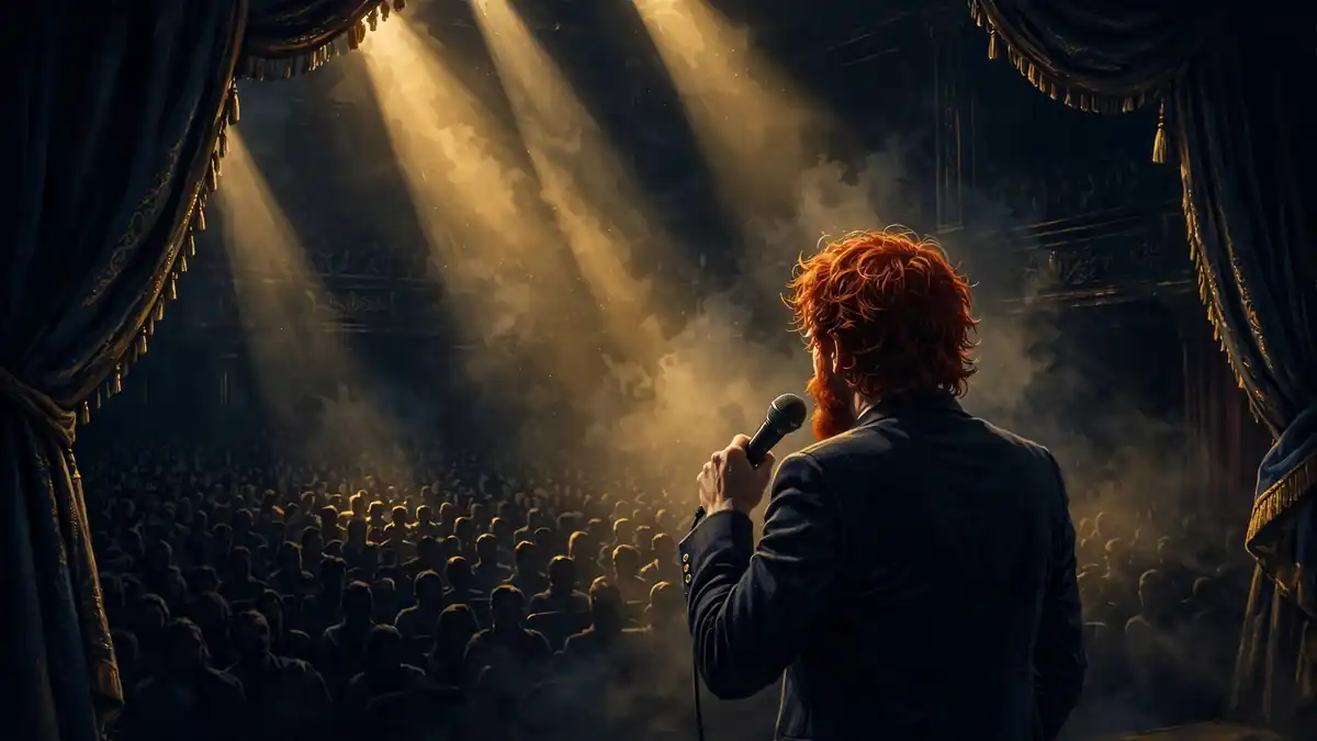 Illustration of a red-haired comedian performing on a spotlight-lit theatre stage before a packed audience