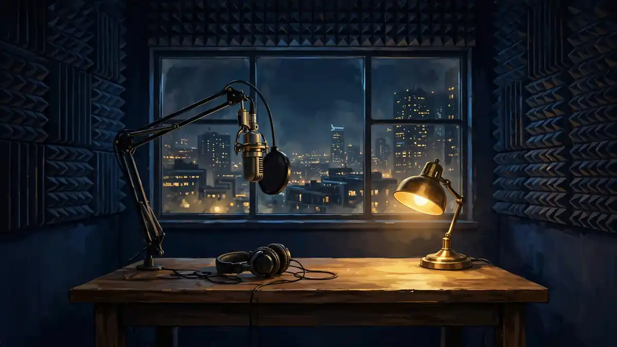 Illustration of an empty podcast studio desk with a broadcast microphone, headphones and a glowing lamp at night