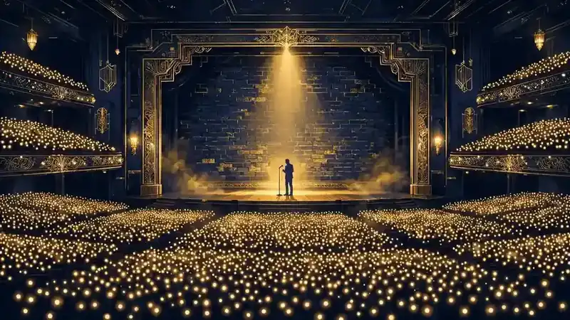 Illustrated packed comedy arena at night with a lone comedian on a spotlight-lit stage, evoking Bill Burr's arena tours