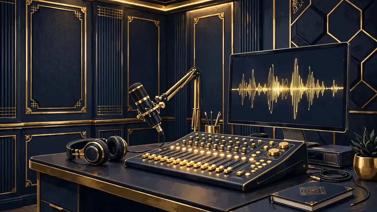 Illustrated podcast studio desk with broadcast microphone, headphones, and mixing console, evoking Bill Burr's Monday Morning Podcast