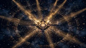 Aerial view of a packed arena glowing with gold light beams during a Billie Eilish concert, representing the $226 million Hit Me Hard and Soft tour