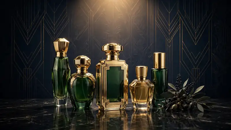 Luxury perfume bottles in navy and gold representing Billie Eilish's four-fragrance empire