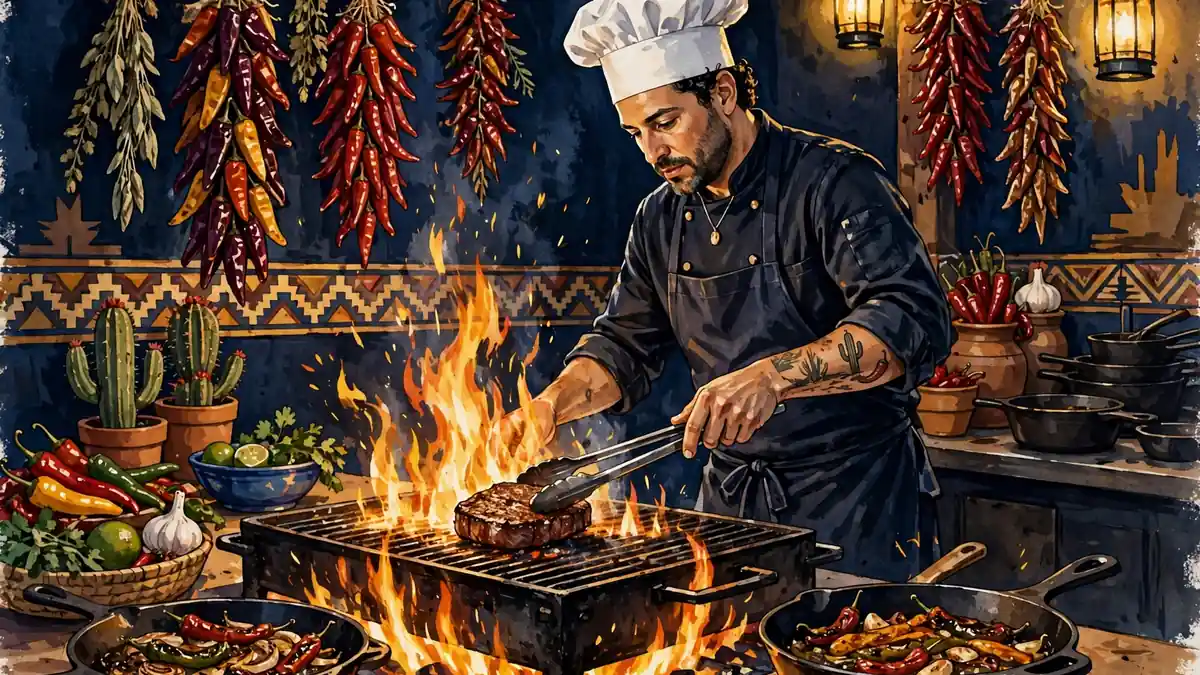 Illustrated southwestern grill station with hanging chiles, open flames and a chef working the grill