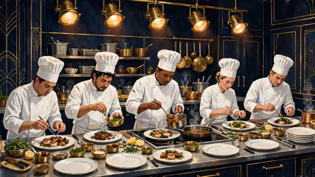 Illustrated television cooking competition kitchen line with chefs in white jackets plating dishes
