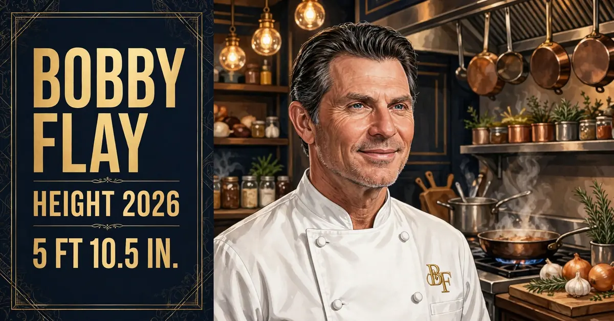 Bobby Flay height 2026 — stylized illustrated portrait of Bobby Flay, BOBBY FLAY HEIGHT 2026 5 FT 10.5 IN text