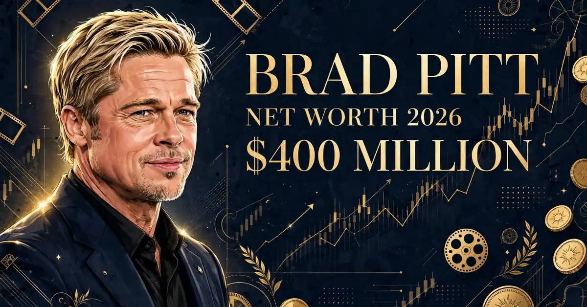 Stylized illustrated portrait of Brad Pitt beside the text'Brad Pitt Net Worth 2026, $400 Million' on a dark navy and gold background