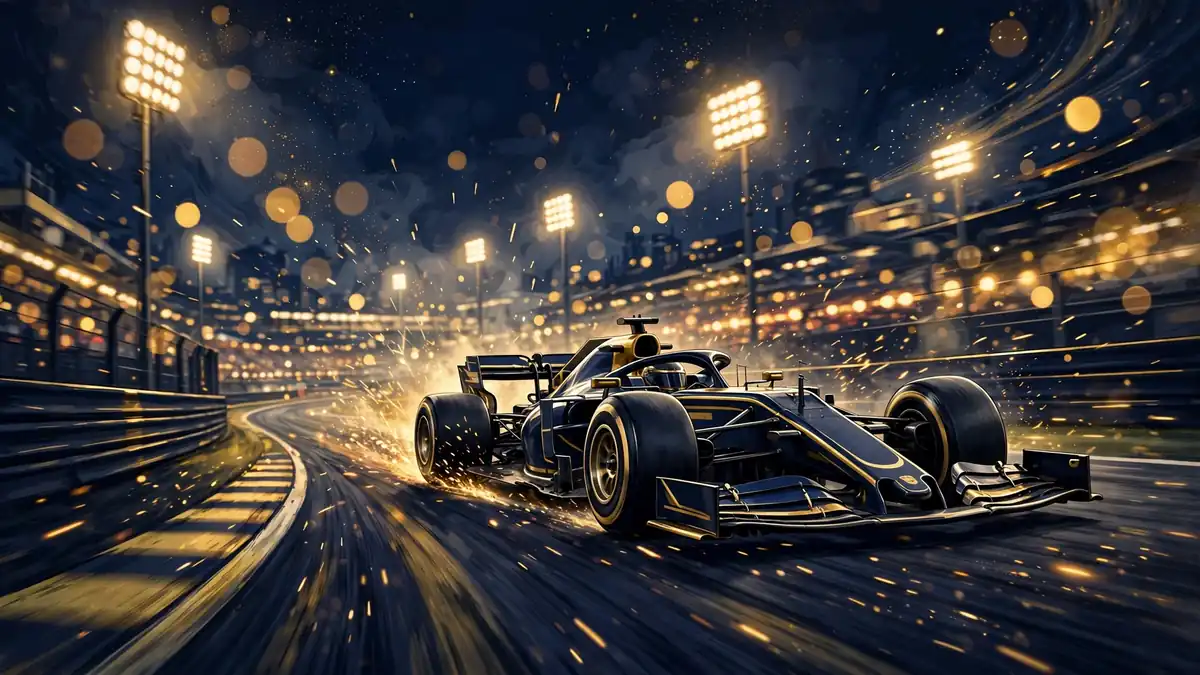 Illustrated night scene of a Formula 1 race car under floodlights, tied to Brad Pitt's F1 salary story