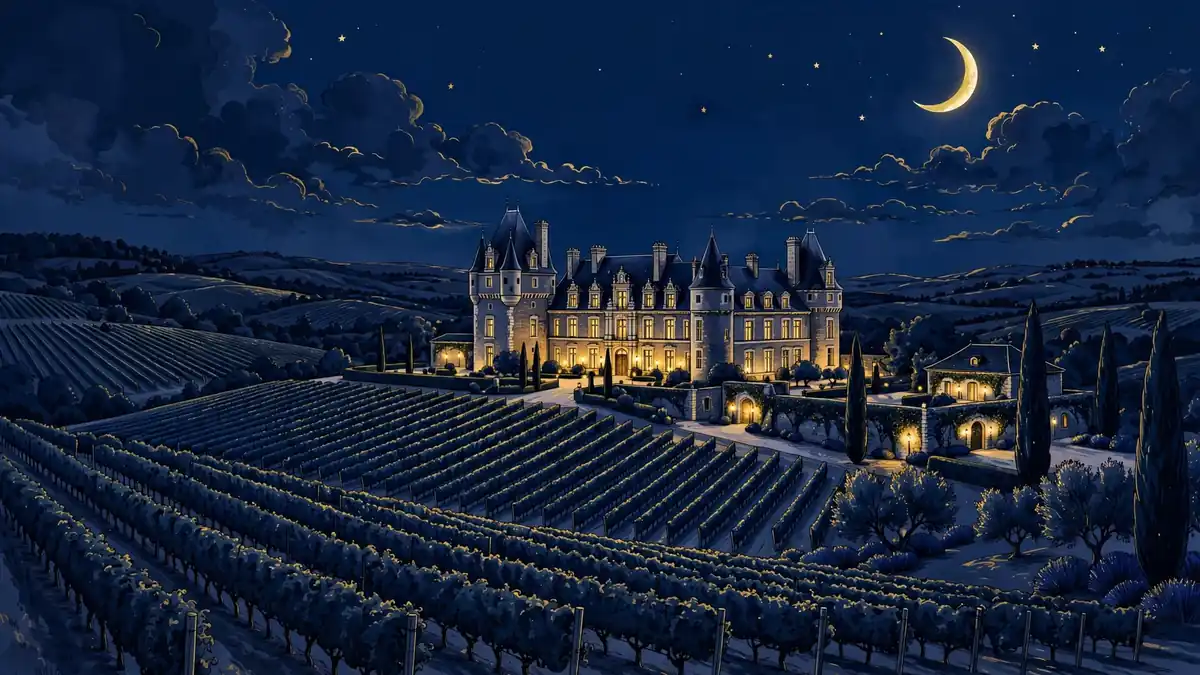 Illustrated French chateau winery estate at dusk with vineyard rows, tied to the Chateau Miraval section