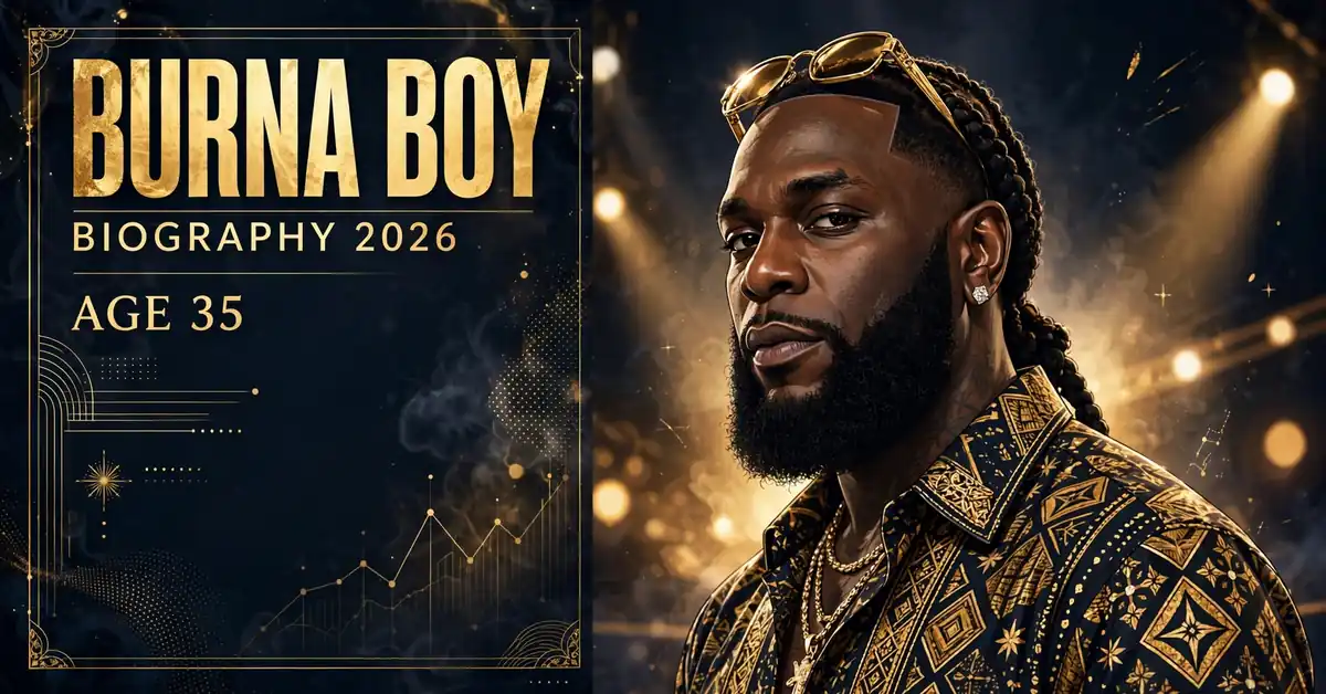 Burna Boy biography 2026 — stylized illustrated portrait of the Afrobeats star with BURNA BOY BIOGRAPHY 2026 AGE 35 text