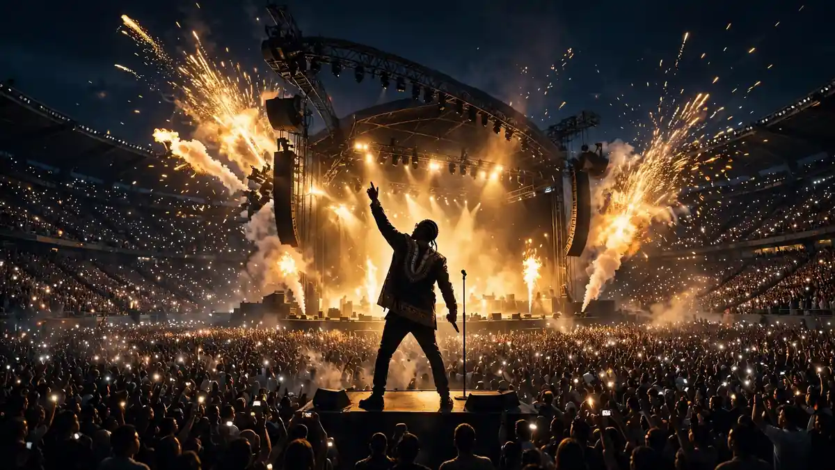 Illustrated stadium concert at night with a silhouetted performer, golden pyrotechnics and a huge crowd