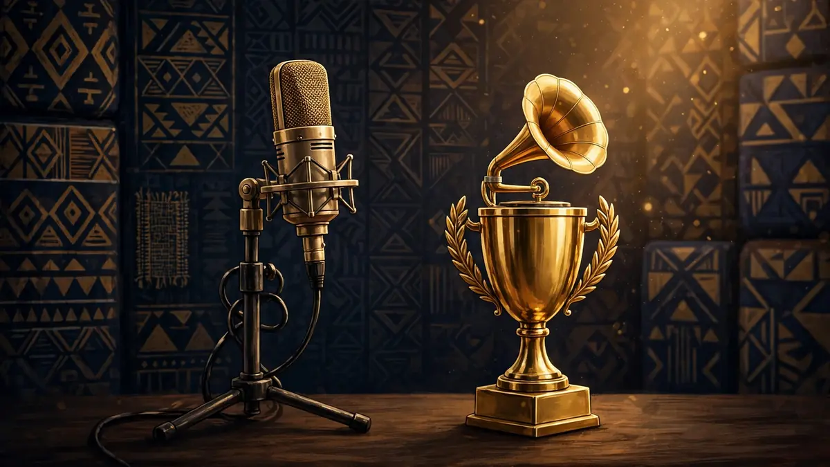 Illustrated vintage studio microphone beside a golden gramophone trophy with African geometric patterns