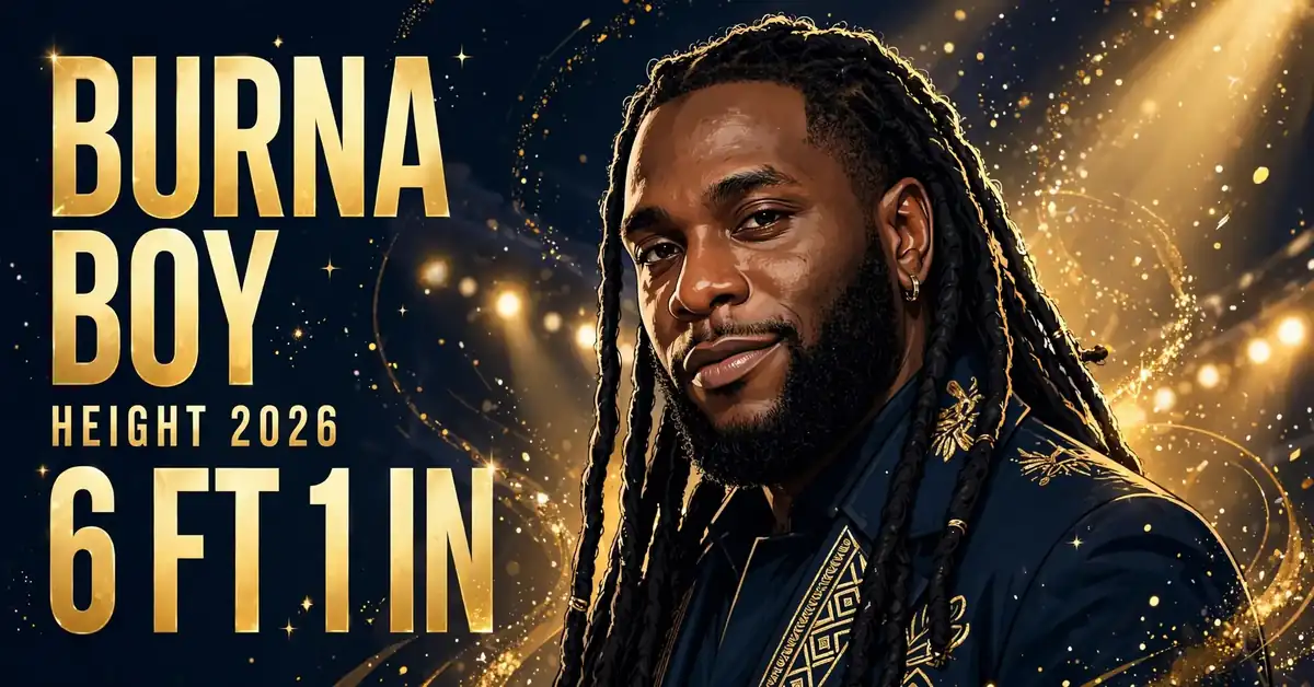 Burna Boy height 2026 — 6 ft 1 in (185 cm) illustrated infographic