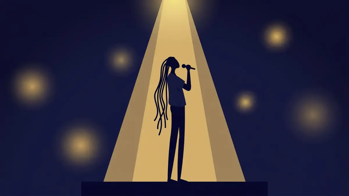 Illustrated scene of Burna Boy's stadium stage presence — tall performer silhouette under golden spotlight, Guide Net Worth original art