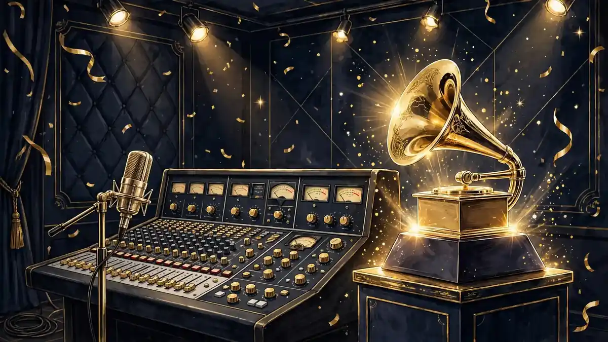 Illustrated golden gramophone award beside a studio mixing console — Burna Boy's Grammy-winning legacy, Guide Net Worth original art