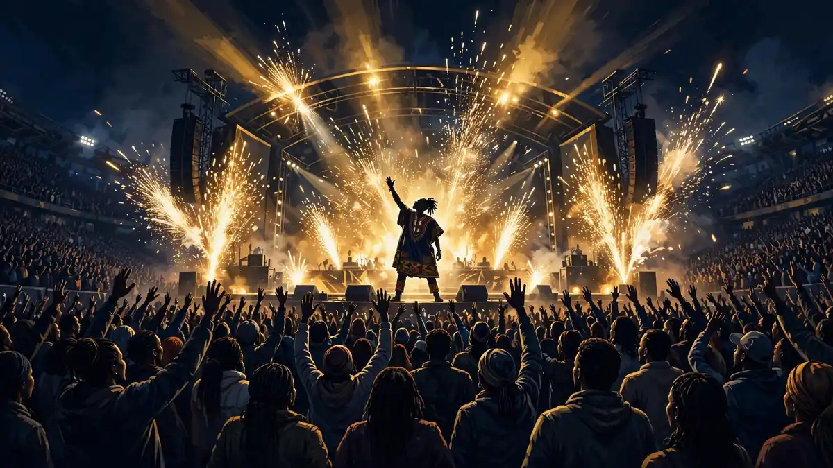 Illustrated night view of a packed stadium concert with golden pyrotechnics — Burna Boy's touring income explained