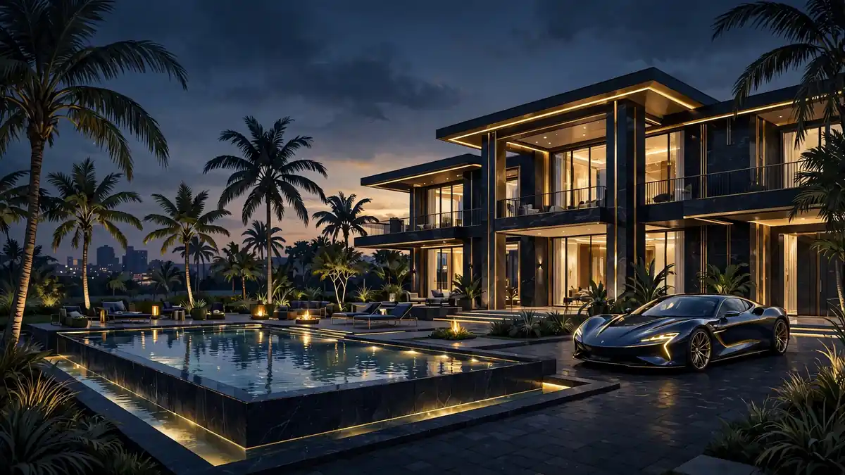 Illustrated Lagos mansion at dusk with sports car — Burna Boy's real estate and assets
