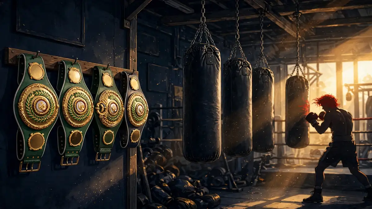 Illustration of a championship boxing gym with gold title belts at golden hour, tied to Canelo Alvarez's four-division title reign