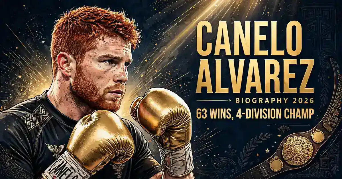 Canelo Alvarez biography 2026 — illustrated portrait of the 4-division boxing champion