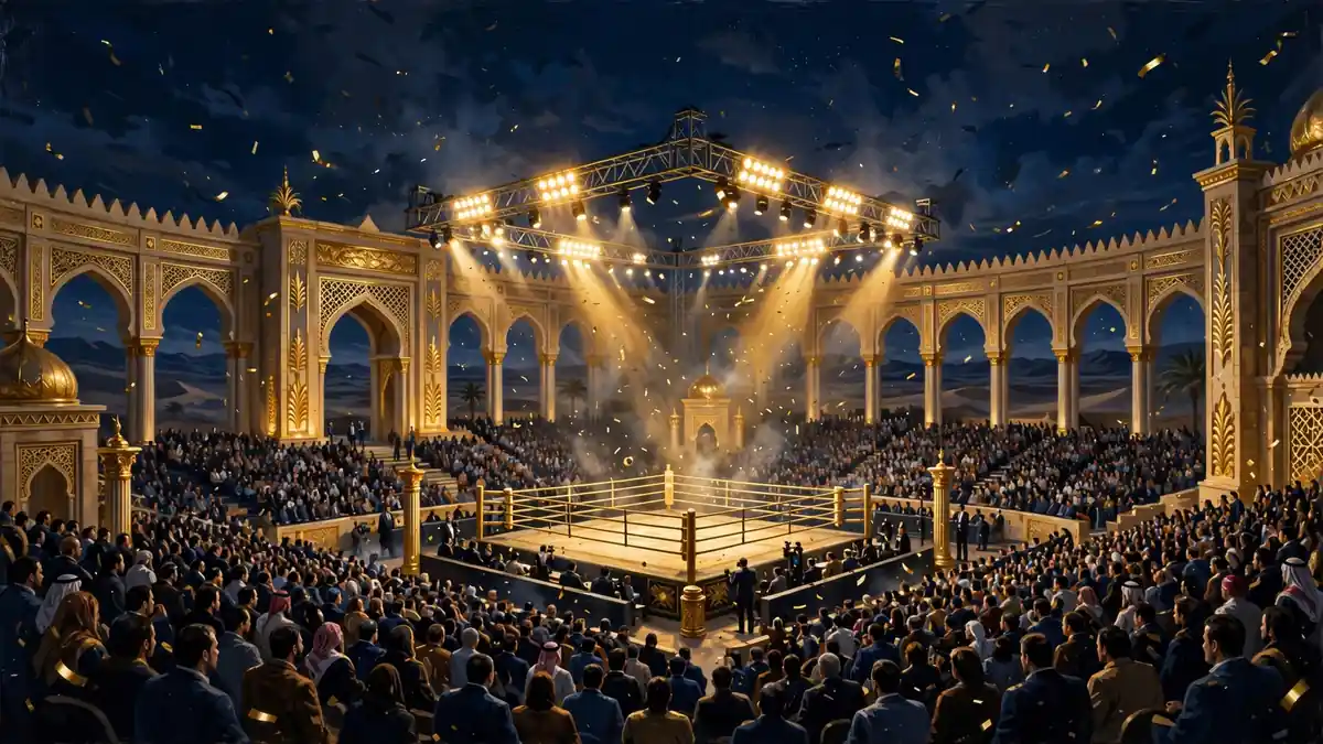 Illustrated night arena in Saudi Arabia ahead of a championship fight — the Riyadh Season era of Canelo Alvarez's career