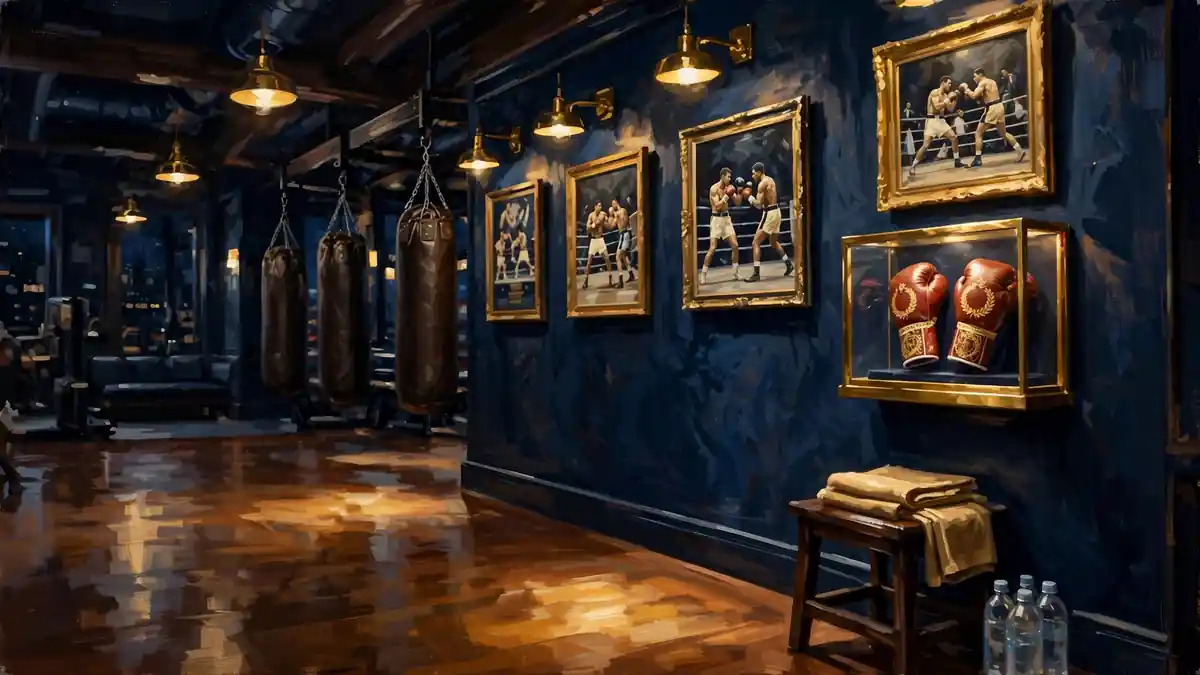 Illustrated luxury boxing gym at night — the championship-level preparation behind Canelo Alvarez's wealth